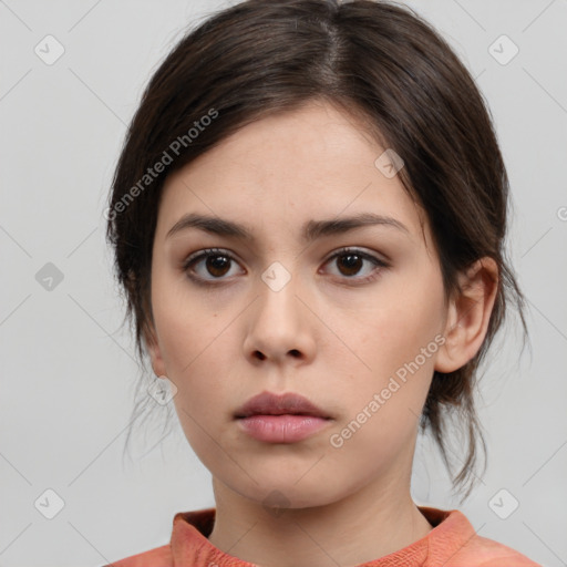 Neutral white young-adult female with medium  brown hair and brown eyes