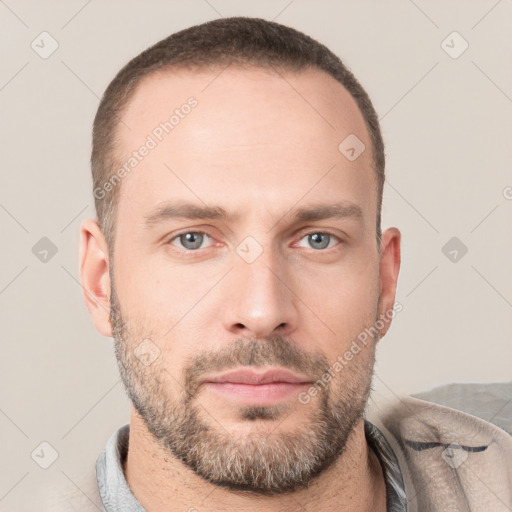 Neutral white adult male with short  brown hair and grey eyes