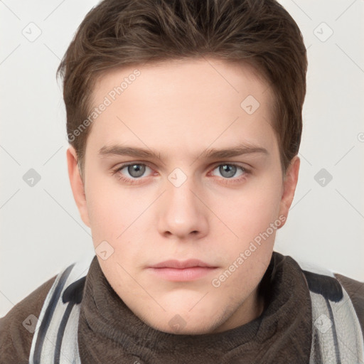 Neutral white young-adult male with short  brown hair and grey eyes