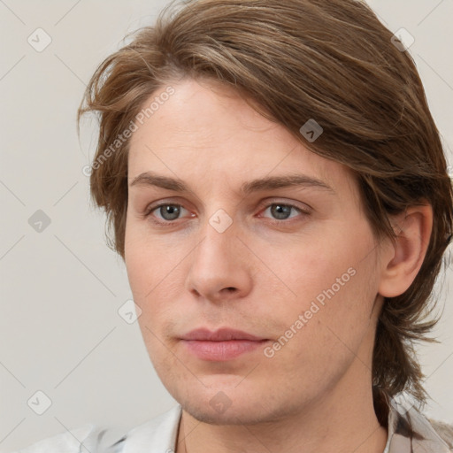 Neutral white young-adult female with medium  brown hair and grey eyes