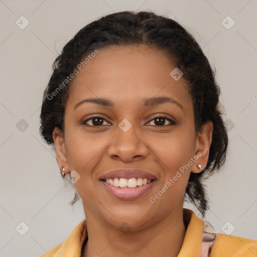 Joyful latino young-adult female with medium  brown hair and brown eyes