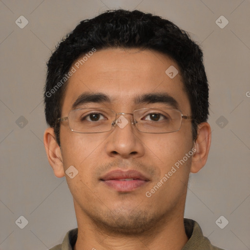 Neutral latino young-adult male with short  black hair and brown eyes