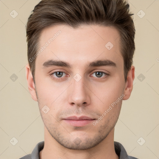 Neutral white young-adult male with short  brown hair and brown eyes