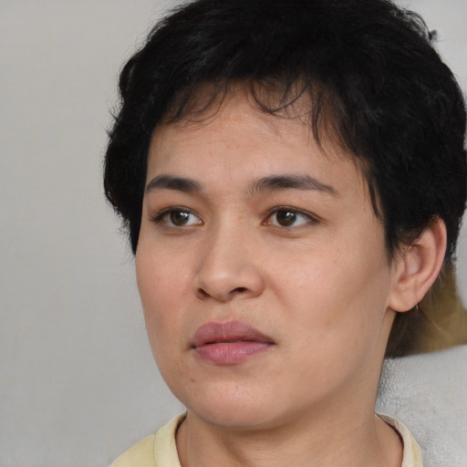 Neutral asian young-adult female with short  brown hair and brown eyes