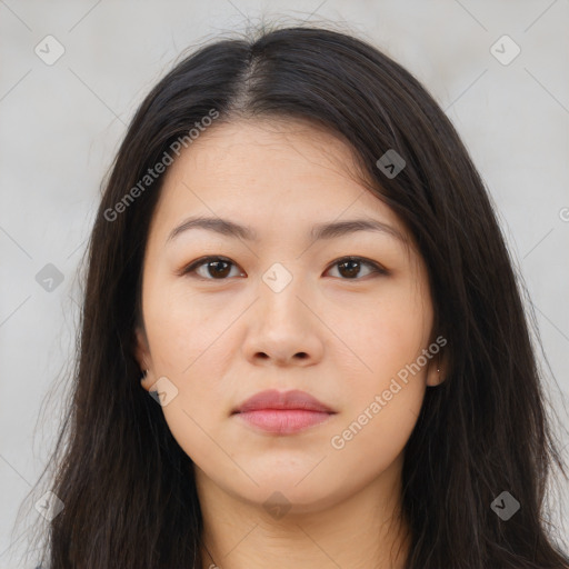 Neutral asian young-adult female with long  brown hair and brown eyes