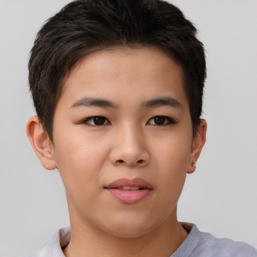Neutral asian young-adult female with short  brown hair and brown eyes