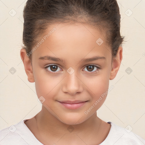 Joyful white child female with short  brown hair and brown eyes