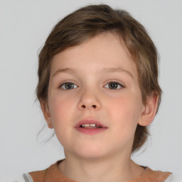 Neutral white child female with medium  brown hair and blue eyes