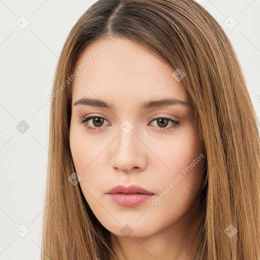 Neutral white young-adult female with long  brown hair and brown eyes