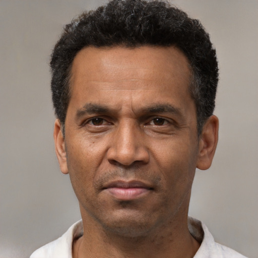 Neutral latino adult male with short  black hair and brown eyes