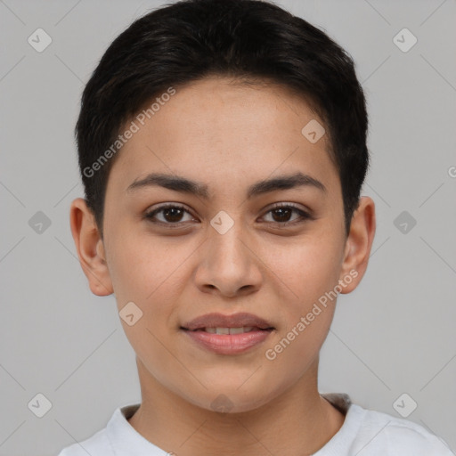 Joyful asian young-adult female with short  brown hair and brown eyes