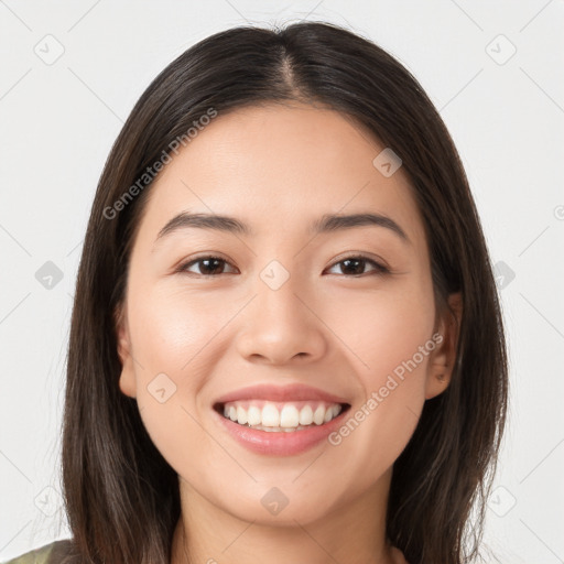 Joyful white young-adult female with long  brown hair and brown eyes