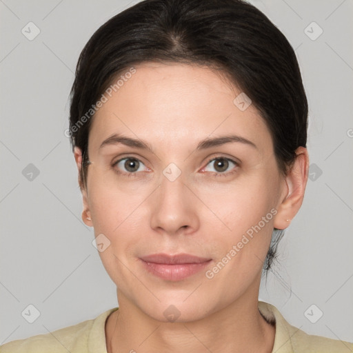 Neutral white young-adult female with short  brown hair and brown eyes