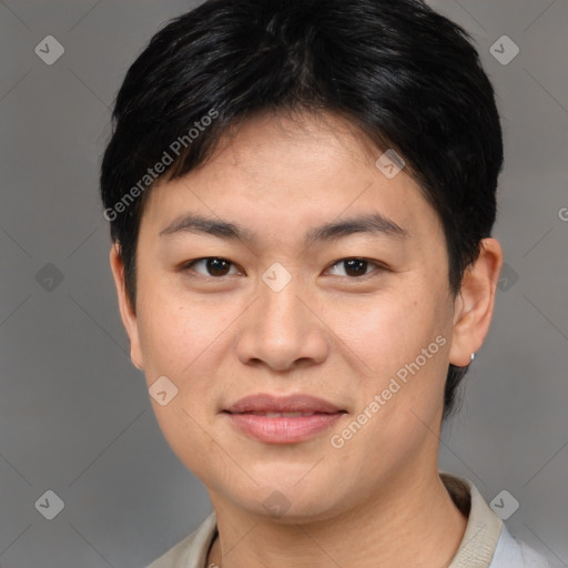 Joyful asian young-adult female with short  brown hair and brown eyes