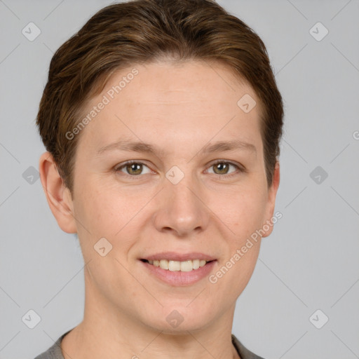 Joyful white young-adult female with short  brown hair and grey eyes