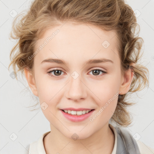 Joyful white child female with medium  brown hair and brown eyes