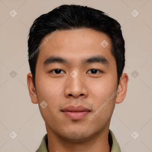 Neutral asian young-adult male with short  black hair and brown eyes