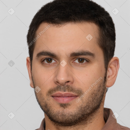 Neutral white young-adult male with short  brown hair and brown eyes