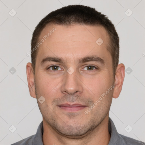 Neutral white adult male with short  brown hair and brown eyes