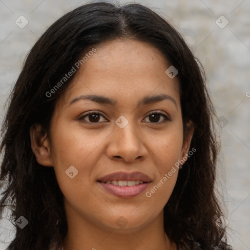 Joyful latino young-adult female with long  brown hair and brown eyes