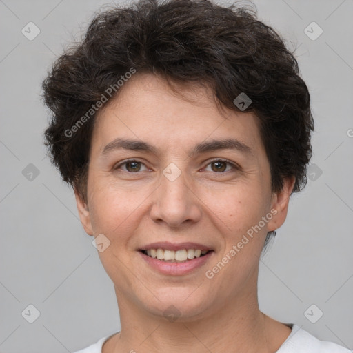 Joyful white adult female with short  brown hair and brown eyes