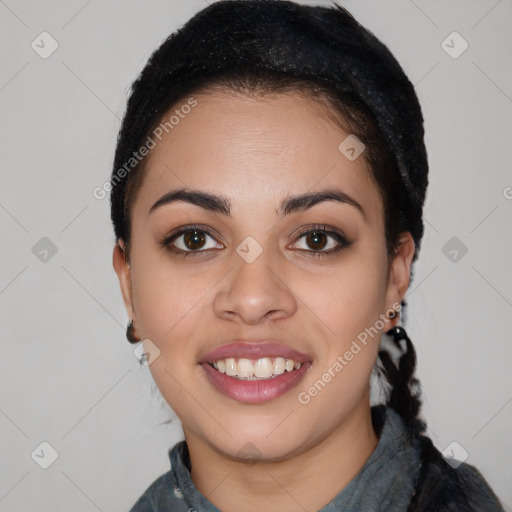 Joyful black young-adult female with medium  black hair and brown eyes