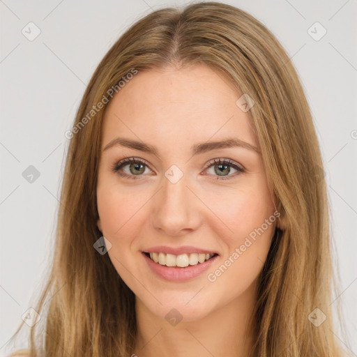 Joyful white young-adult female with long  brown hair and green eyes