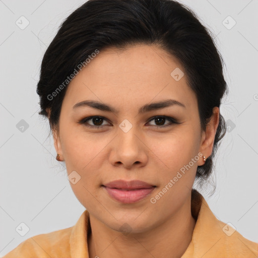 Joyful latino young-adult female with medium  brown hair and brown eyes