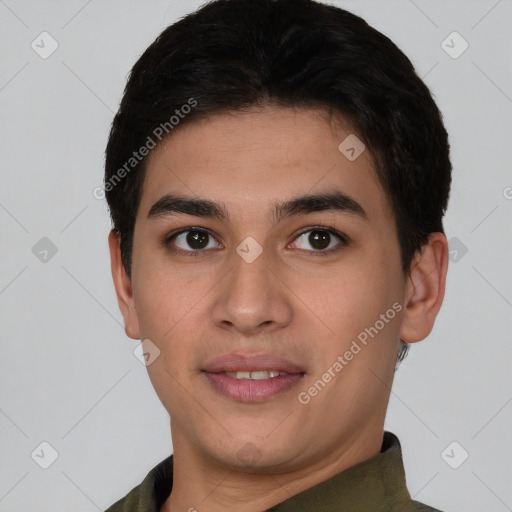 Joyful asian young-adult male with short  brown hair and brown eyes