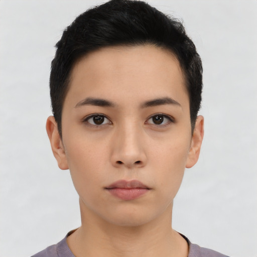 Neutral asian young-adult female with short  black hair and brown eyes