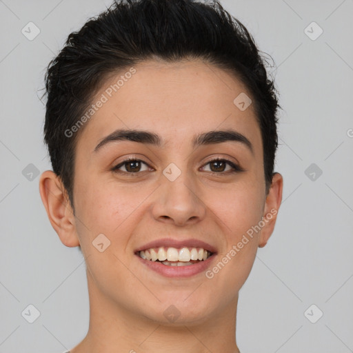 Joyful white young-adult female with short  brown hair and brown eyes