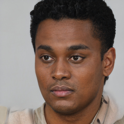 Neutral black young-adult male with short  black hair and brown eyes