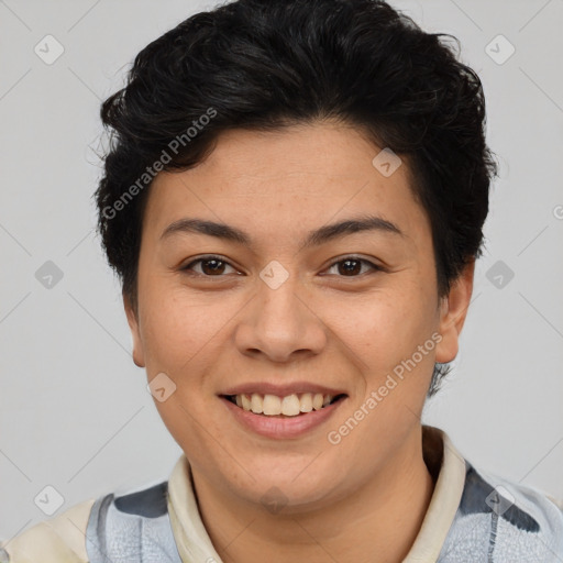 Joyful asian young-adult female with short  black hair and brown eyes