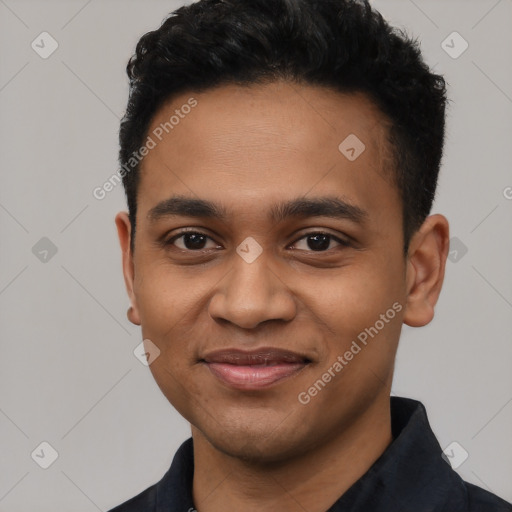 Joyful latino young-adult male with short  black hair and brown eyes