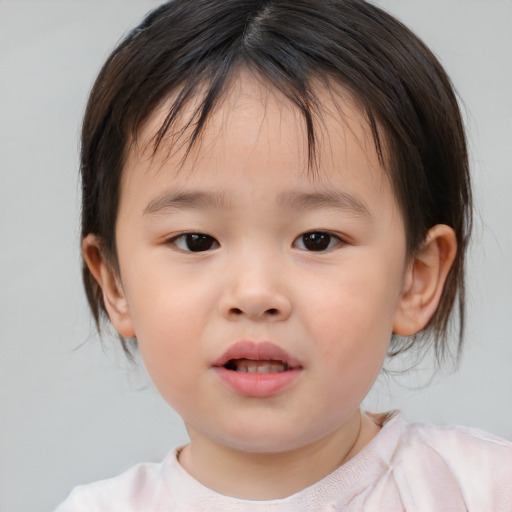 Joyful asian child female with medium  brown hair and brown eyes