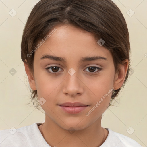 Joyful white child female with short  brown hair and brown eyes