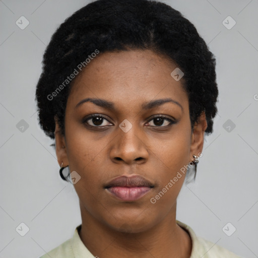 Neutral black young-adult female with short  black hair and brown eyes