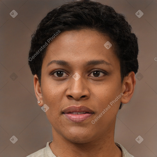 Joyful black young-adult female with short  brown hair and brown eyes