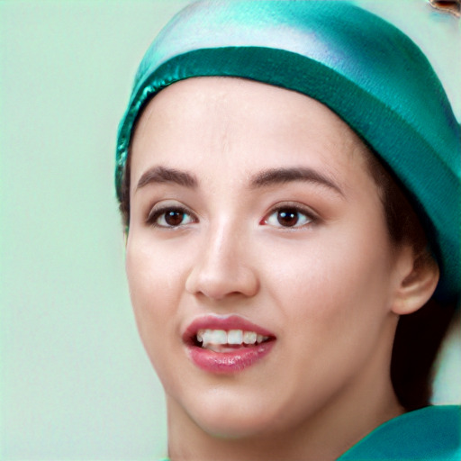Joyful white young-adult female with short  black hair and brown eyes