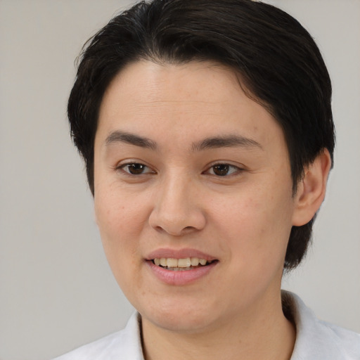 Joyful white young-adult female with medium  brown hair and brown eyes