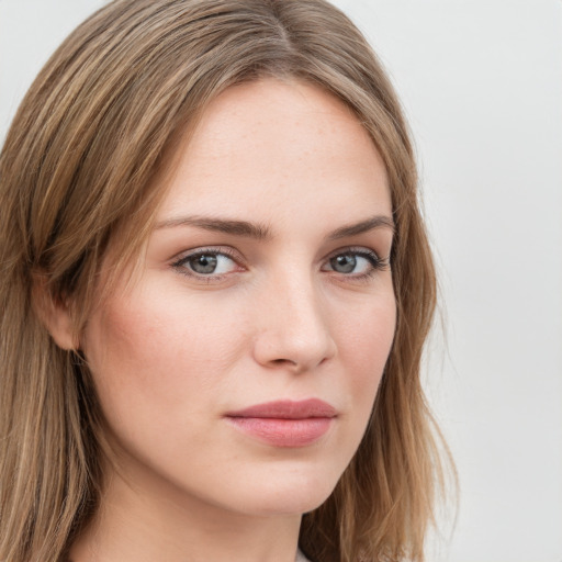 Neutral white young-adult female with long  brown hair and grey eyes