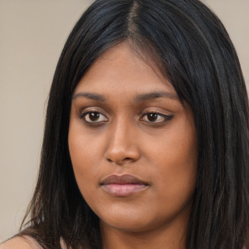 Neutral asian young-adult female with long  black hair and brown eyes