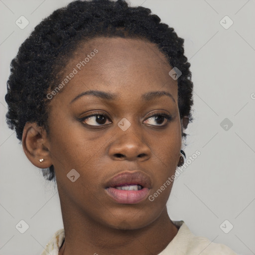 Neutral black young-adult female with short  black hair and brown eyes