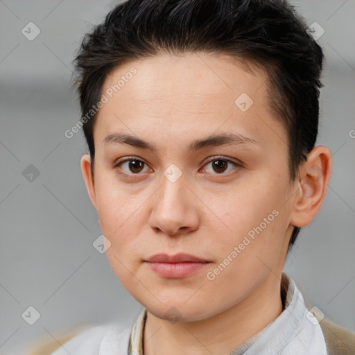 Neutral white young-adult female with short  brown hair and brown eyes