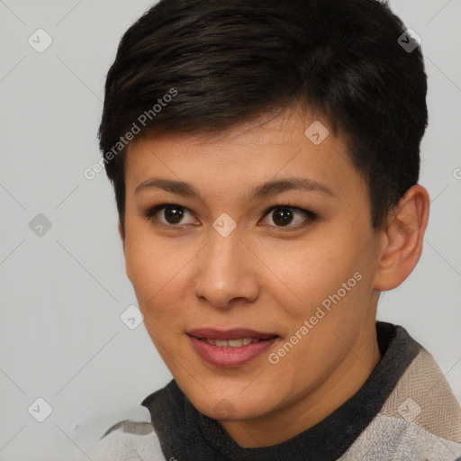 Joyful asian young-adult female with short  brown hair and brown eyes