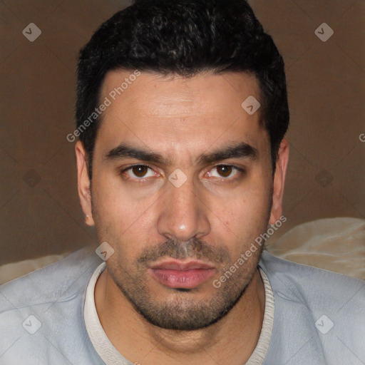 Neutral white young-adult male with short  black hair and brown eyes