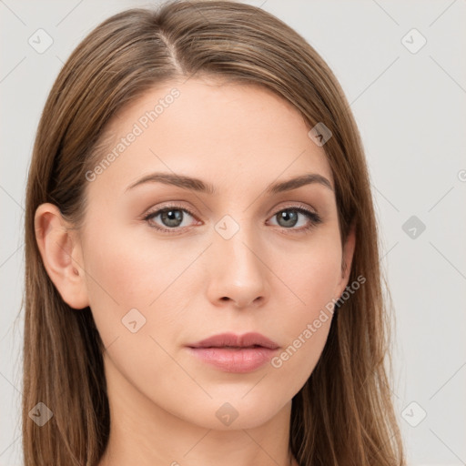 Neutral white young-adult female with long  brown hair and grey eyes