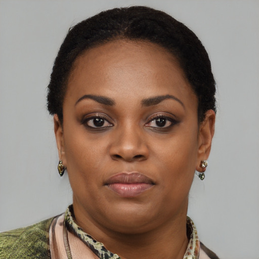 Neutral black young-adult female with short  black hair and brown eyes