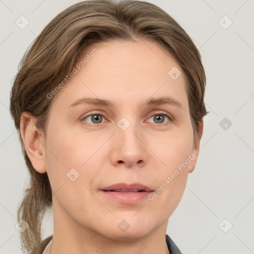 Neutral white adult female with short  brown hair and grey eyes