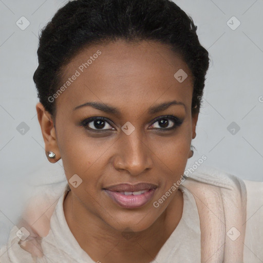 Joyful black young-adult female with short  brown hair and brown eyes